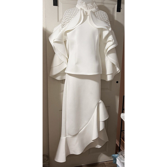 Maxi Skirt Set Scuba Cos Play Ruffles Glam White Witch Show Stopper Wedding SZ L - Picture 1 of 16